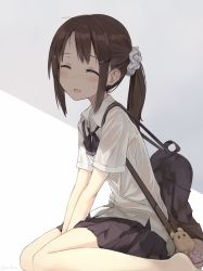 Rule 34 | 1girl, :d, ^ ^, aihama chika, amagai tarou, bag, bag charm, barefoot, black skirt, blush, breasts, brown hair, charm (object), closed eyes, collared shirt, dress shirt, facing viewer, from side, gradient background, hair ornament, hair scrunchie, open mouth, original, pleated skirt, ponytail, ribbon, school bag, school uniform, scrunchie, see-through, shirt, short sleeves, shoulder bag, sitting, skirt, small breasts, smile, solo, twitter username, v arms, wariza, wet, wet clothes, wet hair, wet shirt, white shirt