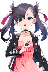 Rule 34 | 1girl, aqua eyes, asymmetrical bangs, asymmetrical hair, bad id, bad pixiv id, black hair, black jacket, breasts, choker, collarbone, commentary request, creatures (company), dress, earrings, game freak, hair ribbon, highres, holding, holding poke ball, jacket, jewelry, long sleeves, looking at viewer, marnie (pokemon), nintendo, open clothes, pink dress, poke ball, poke ball (basic), pokemon, pokemon swsh, red ribbon, ribbon, simple background, solo, twintails, white background, yuihico