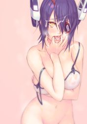 Rule 34 | 10s, 1girl, bare shoulders, bikini, blush, bottomless, breasts, collarbone, covered erect nipples, cum, cum in mouth, eyepatch, facial, finger in own mouth, groin, hair between eyes, headgear, heart, heart-shaped pupils, kantai collection, large breasts, looking at viewer, navel, nipples, open mouth, oral invitation, orange eyes, out-of-frame censoring, pink background, purple hair, see-through, short hair, simple background, solo, strap slip, swimsuit, symbol-shaped pupils, tenryuu (kancolle), white bikini, yuuji (and)