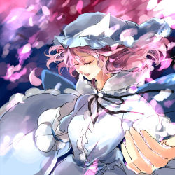 Rule 34 | 1girl, cherry blossoms, closed eyes, female focus, floating hair, foreshortening, hat, lowres, outstretched arm, pink hair, popoin, saigyouji yuyuko, solo, touhou, wind