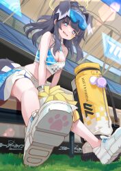 Rule 34 | 1girl, absurdres, ahoge, animal ears, bare legs, black hair, blue-tinted eyewear, blue archive, blue eyes, blunt bangs, blush, breasts, cheerleader, cleavage, commentary, crop top, detached collar, dog ears, dog girl, dog tail, eyewear on head, fang, feet, foot focus, full body, halo, halterneck, hibiki (blue archive), hibiki (cheer squad) (blue archive), highres, large breasts, long hair, millennium cheerleader outfit (blue archive), miniskirt, no socks, open mouth, outdoors, paw print, paw print soles, pleated skirt, ponytail, safety glasses, shoe soles, shoes, sitting, skin fang, skirt, sneakers, solo, star sticker, tail, tinted eyewear, white footwear, yellow halo, yoshikawa hiro