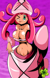 Rule 34 | 1girl, ;p, areola slip, bare shoulders, blue eyes, breasts, creatures (company), dark skin, facepaint, game freak, gen 7 pokemon, large breasts, legendary pokemon, looking at viewer, navel, nintendo, nipples, one eye closed, personification, pink hair, pokemon, pokemon sm, stomach, strapless, tapu lele, tongue, tongue out, tube top