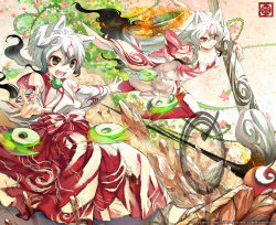Rule 34 | 1boy, 1girl, amaterasu (ookami), animal ears, calligraphy brush, character request, chibiterasu, detached sleeves, fire, kaze-hime, long hair, ookami (game), ookamiden, paintbrush, personification, short hair