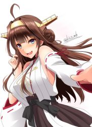 Rule 34 | 1girl, :d, ahoge, bare shoulders, blue eyes, blush, breasts, brown hair, brown skirt, commentary request, detached sleeves, double bun, hair bun, headgear, highres, kantai collection, kiko (okuwae), kongou (kancolle), kongou kai ni (kancolle), large breasts, long hair, looking at viewer, no bra, nontraditional miko, one-hour drawing challenge, open mouth, sideboob, simple background, skirt, smile, solo, twitter username, white background