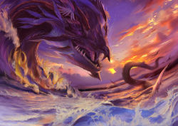 Rule 34 | absurdres, bird, dragon, fangs, feathers, highres, monster, ocean, scenery, sunset, tail, tongue, water