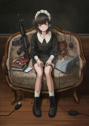 Rule 34 | 1girl, absurdres, assault rifle, black hair, black nails, black shirt, black shorts, book, book stack, cable, cellphone, charger, computer, cuffs, expressionless, gishiki (gshk), google maps, goth fashion, gun, handcuffs, highres, laptop, looking at viewer, m4 carbine, original, phone, rifle, shirt, short hair, shorts, smartphone, solo, stuffed animal, stuffed toy, teddy bear, weapon, wire