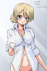 Rule 34 | 1girl, artist name, blonde hair, blue eyes, blush, bottomless, braid, breasts, cleavage, closed mouth, commentary, covered erect nipples, cup, darjeeling (girls und panzer), dated, dress shirt, girls und panzer, head tilt, holding, holding cup, long sleeves, looking at viewer, matsui yasutsugu, medium breasts, naked shirt, navel, one-hour drawing challenge, partially unbuttoned, shirt, short hair, signature, sleeves rolled up, smile, solo, standing, steam, teacup, twin braids, white shirt