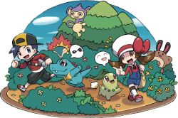 Rule 34 | 1boy, 1girl, :d, aipom, artist request, bag, baseball cap, black hair, black pants, blue eyes, blue sky, brown eyes, brown hair, bush, chikorita, cloud, cloudy sky, creature, creatures (company), cyndaquil, day, ethan (pokemon), fangs, flower, game freak, gen 2 pokemon, happy, hat, hat ribbon, long sleeves, looking at viewer, looking away, lyra (pokemon), monkey, musical note, nintendo, official art, open mouth, outdoors, overalls, pants, pokemon, pokemon (creature), pokemon hgss, ribbon, sentret, sky, smile, speech bubble, spoken expression, spoken face, spoken musical note, starter pokemon trio, totodile, transparent background, tree, twintails, walking, white hat