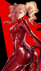 Rule 34 | 1girl, ass, black background, blonde hair, blue eyes, bodysuit, breasts, contrapposto, covered erect nipples, fake tail, gimp suit, highres, latex, latex bodysuit, latex suit, lipstick, looking at viewer, looking back, makeup, medium breasts, multicolored background, parted lips, persona, persona 5, red background, red bodysuit, solo, standing, swept bangs, tail, takamaki anne, thick thighs, thighs, twintails