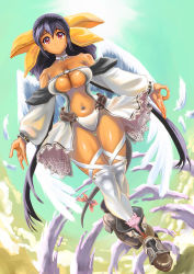 Rule 34 | 1girl, alternate costume, ankle boots, backlighting, bare shoulders, blue hair, boots, breasts, center opening, choker, cleavage, crotch plate, dark-skinned female, dark skin, detached sleeves, dizzy (guilty gear), feathered wings, female focus, flying, full body, gluteal fold, guilty gear, hair ribbon, hayakawa sonchou, highres, lace, large breasts, m/, midriff, navel, no bra, over-kneehighs, pink thighhighs, red eyes, revealing clothes, ribbon, smile, socks over thighhighs, solo, tail, tail ornament, tail ribbon, thigh gap, thigh strap, thighhighs, white thighhighs, white wings, wings