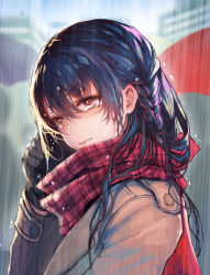 Rule 34 | 1girl, black gloves, black hair, blurry, blurry background, blush, braid, brown coat, closed mouth, coat, crying, crying with eyes open, depth of field, frown, gloves, hand up, head tilt, highres, long hair, long sleeves, okuma mai, original, pink eyes, rain, red scarf, scarf, side braid, solo focus, tearing up, tears, upper body, v-shaped eyebrows, water, wet, wet clothes, wet hair