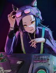 Rule 34 | 1girl, absurdres, adjusting eyewear, air shakur (mag!c number) (umamusume), air shakur (umamusume), animal ears, black hair, bracelet, chain, chain necklace, commentary, computer, eyebrow piercing, hand up, hat, highres, horse ears, horse girl, jewelry, laptop, long hair, long sleeves, mixing console, multiple rings, necklace, official alternate costume, open mouth, piercing, ring, s/t (mineral 666), sharp teeth, solo, sunglasses, table, teeth, umamusume, upper body, yellow eyes