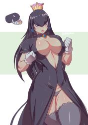 Rule 34 | 1girl, artist name, bad id, bad twitter id, black choker, black dress, black eyes, black hair, blush, bokuman, breasts, brooch, bullet bill, choker, cleavage, clenched hands, cowboy shot, curvy, dark-skinned female, dark skin, dress, focused, gloves, green background, grey panties, grey thighhighs, hair between eyes, highres, inset, jewelry, large breasts, long hair, looking at viewer, mario (series), new super mario bros. u deluxe, nintendo, open clothes, open dress, panties, parted lips, pink lips, shaded face, shiny clothes, shiny skin, short sleeves, sketch, solo, super crown, thick thighs, thighhighs, thighs, toned, two-tone background, underwear, very long hair, walking, white background, white gloves