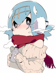 Rule 34 | 1girl, :o, alternate color, blowing, blush, bottle, cold, creatures (company), earmuffs, female focus, game freak, hair between eyes, hair ornament, holding, holding bottle, lana (pokemon), long sleeves, looking at viewer, nintendo, nose blush, pokemon, pokemon sm, red scarf, scarf, short hair, simple background, smoke, solo, sweater, terazip, trial captain, upper body, white background, winter clothes