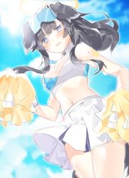 Rule 34 | 1girl, animal ears, black hair, blue archive, blue eyes, blush, breasts, cheerleader, cleavage, commentary request, dog ears, eyewear on head, halo, hibiki (blue archive), hibiki (cheer squad) (blue archive), highres, medium breasts, millennium cheerleader outfit (blue archive), pleated skirt, pom pom (cheerleading), ponytail, ranya (artiraia), skirt, solo, star (symbol), sticker on face