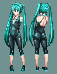 Rule 34 | 1girl, aqua eyes, aqua hair, arms behind back, ass, back, bad id, bad pixiv id, bare shoulders, blush, bodysuit, breasts, catsuit, cleavage cutout, clothing cutout, covered erect nipples, detached sleeves, from behind, full body, green eyes, green hair, hair between eyes, hair ornament, hatsune miku, headset, highres, kneepits, light smile, long hair, matching hair/eyes, multiple views, pigeon-toed, qwertie (m3x8da57), shoes, simple background, skin tight, small breasts, smile, standing, tattoo, turnaround, twintails, unitard, very long hair, vocaloid, zipper