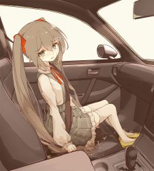 Rule 34 | 1girl, blush, bow, car interior, dress, from side, hair bow, hatsune miku, highres, long hair, minoco, open mouth, pee, peeing, peeing self, puddle, seatbelt, sidelocks, sitting, sweat, tears, thighhighs, twintails, very long hair, vocaloid, yellow footwear