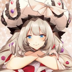 Rule 34 | 1girl, :&gt;, arm support, armor, blue eyes, bow, crossed arms, fate/grand order, fate (series), flower, frilled hat, frills, gloves, hair flower, hair ornament, hat, hat bow, highres, large hat, long hair, looking at viewer, marie antoinette (fate), marie antoinette (third ascension) (fate), no-kan, pink flower, pink rose, portrait, purple flower, purple rose, red flower, red rose, rose, silver hair, smile, solo, twintails, white bow, white gloves, white hat