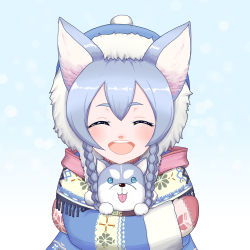 Rule 34 | 1girl, absurdres, animal, animal ears, bad id, bad pixiv id, blue hair, blue hat, blush, closed eyes, dog, dog ears, facing viewer, hat, highres, holding, holding animal, long hair, open mouth, seungju lee, shironeko project, smile, solo, upper body, wolf ears