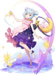 Rule 34 | 1girl, ankle bow, ankle ribbon, bare arms, bare legs, bare shoulders, barefoot, blue hair, blunt ends, bow, bowtie, crescent, double bun, dress, elf, eversoul, floating, frilled dress, frills, full body, game cg, grin, hair bow, hair bun, hair ornament, highres, looking at viewer, non-web source, official alternate costume, official alternate hairstyle, official art, pajamas, pink dress, pink pajamas, pointy ears, rabbit, ribbon, ripples, short hair, sidelocks, sleeveless, smile, solo, star (symbol), tachi-e, talia (eversoul), transparent background, two-tone dress, yellow eyes
