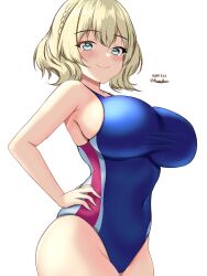 Rule 34 | 1girl, blonde hair, blue eyes, blue one-piece swimsuit, blush, braid, breasts, colorado (kancolle), competition swimsuit, covered navel, cowboy shot, dated, hair between eyes, highres, kantai collection, large breasts, looking at viewer, montemasa, multicolored clothes, multicolored swimsuit, one-piece swimsuit, short hair, side braids, smile, solo, swimsuit, twitter username, two-tone swimsuit, white background