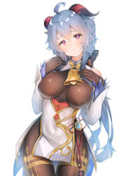 Rule 34 | 1girl, ahoge, bare shoulders, bell, black gloves, blue hair, blush, bodystocking, breasts, brown pantyhose, detached sleeves, dress, elbow gloves, ganyu (genshin impact), genshin impact, gloves, grayfox, highres, horns, large breasts, long hair, looking at viewer, pantyhose, purple eyes, thighs, white background, white dress