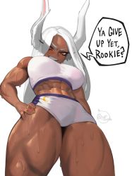 Rule 34 | 1girl, abs, absurdres, animal ears, bare shoulders, bitter bomb, blush, boku no hero academia, breasts, cowboy shot, crop top, dark-skinned female, dark skin, english text, from below, hand on own hip, highres, large breasts, long eyelashes, long hair, looking at viewer, looking down, mirko, muscular, muscular female, open mouth, rabbit ears, rabbit girl, red eyes, short shorts, shorts, signature, simple background, smile, solo, speech bubble, sports bra, superhero costume, sweat, thick thighs, thighs, toned, white background, white hair, white shorts