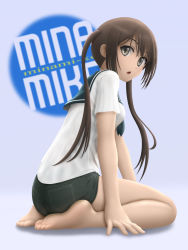 Rule 34 | 1girl, bare legs, barefoot, brown eyes, brown hair, feet, highres, legs, looking at viewer, looking back, minami-ke, minami kana, miniskirt, open mouth, shirt, short sleeves, siraha, sitting, skirt, soles, solo, toes, twintails