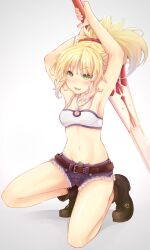 Rule 34 | 1girl, :3, armpits, arms up, belt, bikini, bikini top only, blonde hair, blush, boots, bracelet, breasts, denim, denim shorts, fang, fate/apocrypha, fate (series), full body, green eyes, hair ornament, highres, holding, holding sword, holding weapon, jewelry, long hair, micro shorts, mimike, mordred (fate), mordred (fate/apocrypha), navel, necklace, open mouth, pendant, short shorts, shorts, small breasts, smile, solo, squatting, swimsuit, sword, weapon