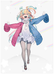 Rule 34 | 1girl, :d, ^ ^, amakawa hano, blonde hair, blue jacket, blush, blush stickers, brown footwear, bukurote, buttons, cardigan, closed eyes, commentary request, dress, facing viewer, full body, green hair, grey background, grey pantyhose, hair ornament, hairclip, highres, jacket, long hair, long sleeves, multicolored clothes, multicolored hair, one side up, open mouth, outstretched arms, pantyhose, re:act, red jacket, ribbed legwear, scarf, shoes, short dress, sleeves past fingers, sleeves past wrists, smile, snow, solo, spread arms, standing, star (symbol), star hair ornament, streaked hair, teeth, tongue, upper teeth only, virtual youtuber, white dress, winter clothes