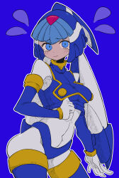 Rule 34 | 1girl, absurdres, android, blue background, blue eyes, breasts, buzzlyears, covered navel, crop top, fairy leviathan (mega man), fang, helmet, highres, looking at viewer, medium breasts, mega man (series), mega man zero (series), simple background, solo, tearing up, upper body