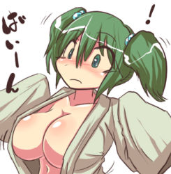 Rule 34 | !, 1girl, aged up, alternate breast size, bad id, bad pixiv id, blush, breasts, female focus, green eyes, green hair, hakika, huge breasts, kisume, lowres, matching hair/eyes, motion lines, no bra, open clothes, open shirt, shirt, short twintails, simple background, solo, touhou, twintails, upper body, white background
