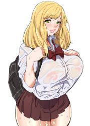 Rule 34 | 1girl, bag, blonde hair, blush, bow, bowtie, breasts, gero 1992, green eyes, large breasts, lips, long hair, looking at viewer, pleated skirt, school bag, school uniform, see-through, shirt, simple background, skirt, smile, solo, wet, wet clothes, wet shirt