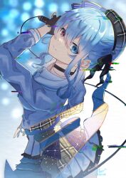 Rule 34 | 1girl, absurdres, beret, black gloves, blue eyes, blue hair, bow, bowtie, closed mouth, commentary request, fingerless gloves, gloves, hat, heterochromia, highres, holding, holding microphone, hololive, hoshimachi suisei, hoshimachi suisei (1st costume), hoshimachi suisei (school uniform), long sleeves, looking at viewer, maria onnette, microphone, purple eyes, sidelocks, signature, solo, virtual youtuber, wire
