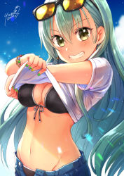 Rule 34 | 1girl, 2019, aqua hair, artist name, bikini, bikini under clothes, black bikini, bracelet, breasts, cleavage, clothes lift, commentary request, dated, day, denim, denim shorts, earrings, eyewear on head, fingernails, front-tie bikini top, front-tie top, green eyes, green hair, green nails, grin, jewelry, kantai collection, lifted by self, long hair, looking at viewer, medium breasts, nail polish, navel, open fly, outdoors, shirt, shirt lift, shorts, sidelocks, sky, smile, solo, straight hair, sunglasses, suzuya (kancolle), swimsuit, teeth, upper body, white shirt, yumi yumi