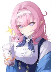 Rule 34 | 1girl, absurdres, breasts, bright pupils, cup, disposable cup, double-parted bangs, dress, elf, elysia (honkai impact), headband, highres, honkai (series), honkai impact 3rd, long hair, looking at viewer, medium breasts, pink hair, pointy ears, simple background, smile, solo, tutou jiang, upper body, white background, white headband
