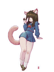 Rule 34 | 1girl, animal ear fluff, animal ears, black footwear, blue shirt, blue skirt, boyleart, brown eyes, brown hair, cat ears, cat tail, commentary, english commentary, hand in own hair, highres, invisible table, leaning on table, long hair, long sleeves, mary janes, school uniform, shirt, shoes, simple background, skirt, socks, standing, tail, thick thighs, thighs, white background, white socks