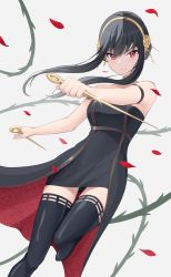 Rule 34 | 1girl, arm strap, bare shoulders, black dress, black hair, black thighhighs, breasts, closed mouth, dagger, dress, earrings, floral print, flower, gold earrings, gold hairband, hairband, highres, holding, holding dagger, holding knife, holding weapon, jewelry, knife, looking at viewer, medium breasts, petals, plant, plo1154, red eyes, reverse grip, rose, rose petals, rose print, short hair with long locks, spy x family, stiletto (weapon), thighhighs, two-sided dress, two-sided fabric, vines, weapon, yor briar, zettai ryouiki