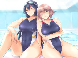 Rule 34 | 10s, 2girls, alternate costume, back-to-back, bare legs, bare shoulders, bifidus, black eyes, black hair, blush, breast hold, breasts, brown hair, cleavage, competition swimsuit, covered navel, curvy, green eyes, hair between eyes, kantai collection, large breasts, long hair, looking at viewer, multiple girls, mutsu (kancolle), nagato (kancolle), one-piece swimsuit, parted lips, pool, red eyes, short hair, sitting, smile, swimsuit, thick thighs, thighs, wide hips, yokozuwari