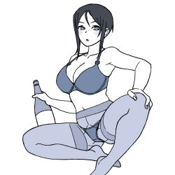 Rule 34 | 1girl, alcohol, bottle, bra, breasts, chouno ami, cleavage, girls und panzer, greyscale, hand on own knee, highres, holding, holding bottle, large breasts, lingerie, monochrome, onsen tamago (hs egg), panties, pantyhose, short hair, sitting, solo, swept bangs, thighband pantyhose, thighs, underwear, underwear only