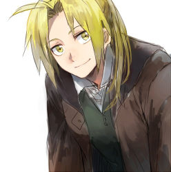 Rule 34 | 1boy, blonde hair, coat, edward elric, fullmetal alchemist, happy, long hair, looking at viewer, lowres, male focus, ponytail, riru, shirt, simple background, smile, solo, waistcoat, white background, white shirt, yellow eyes
