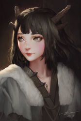 Rule 34 | 1girl, black hair, brown eyes, closed mouth, coat, dao trong le, dated, eyelashes, fur-trimmed coat, fur trim, highres, horns, jewelry, lips, long hair, necklace, nose, original, red lips, signature, solo, upper body, watermark