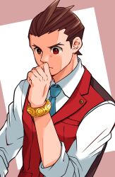 Rule 34 | 1boy, ace attorney, alternate eye color, antenna hair, apollo justice, aqua necktie, bracelet, breast pocket, brown eyes, brown hair, clenched hand, closed mouth, collared shirt, forked eyebrows, hand on own chin, heterochromia, highres, jewelry, lapel pin, lapels, male focus, necktie, pocket, ragi (od6fine), red eyes, red vest, shirt, short hair, simple background, solo, thinking, two-tone background, upper body, v-shaped eyebrows, vest, white shirt