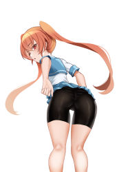 Rule 34 | 1girl, absurdres, ass, bike shorts, black thighhighs, female focus, from behind, highres, long hair, looking back, open mouth, orange eyes, orange hair, panties, panties under shorts, pleated skirt, shiny clothes, shirt, short sleeves, simple background, skirt, solo, standing, striped clothes, striped panties, thighhighs, twintails, ueno-san wa bukiyou, ueno (ueno-san wa bukiyou), underwear, white background, white shirt, zasshu