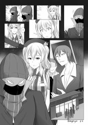 Rule 34 | !, 10s, 1girl, 3boys, ?, breasts, comic, greyscale, kantai collection, kashima (kancolle), large breasts, lawson, monochrome, multiple boys, robba-san (wangphing), silent comic, twintails, wangphing, wavy hair