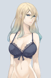 Rule 34 | 1girl, blonde hair, blue eyes, blue hair, bow, bra, breasts, censored, cleavage, collarbone, gradient hair, green hair, groin, lace, lace-trimmed bra, lace trim, large breasts, lingerie, lips, matching hair/eyes, multicolored hair, navel, original, out-of-frame censoring, ray-akila, simple background, solo, strap gap, underwear