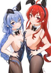 Rule 34 | 2girls, absurdres, ahoge, alternate costume, animal ears, asymmetrical docking, bare arms, bare shoulders, black bow, black bowtie, black leotard, black pantyhose, blue eyes, blue hair, bow, bowtie, braid, breast press, breasts, closed mouth, covered navel, crossed bangs, detached collar, eris greyrat, fake animal ears, fake tail, from side, hair between eyes, hand on own hip, highres, humany, leotard, long hair, looking at viewer, medium breasts, mixed-language commentary, multiple girls, mushoku tensei, pantyhose, playboy bunny, rabbit ears, rabbit tail, red eyes, red hair, roxy migurdia, signature, small breasts, smile, strapless, strapless leotard, tail, traditional bowtie, twin braids, white background