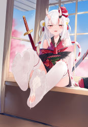 Rule 34 | 1girl, bell, black kimono, blush, collarbone, commentary request, cum, cum on body, cum on feet, cum on legwear, double bun, dutch angle, fang, feet, foot focus, foreshortening, grey hair, hair bell, hair bun, hair ornament, highres, hololive, horns, indoors, japanese clothes, jingle bell, katana, kimono, kou futoshi, kouhaku nawa, long hair, long sleeves, looking at viewer, mask, mask on head, multicolored hair, nail polish, nakiri ayame, nakiri ayame (1st costume), naughty face, obi, off shoulder, oni, oni mask, open mouth, pink nails, red eyes, red hair, rope, sash, shadow, sheath, sheathed, shimenawa, short kimono, sitting, skin-covered horns, smile, soles, spread toes, streaked hair, sword, tabi, tassel, thighhighs, thighs, toes, torn clothes, torn legwear, two side up, virtual youtuber, weapon, white thighhighs