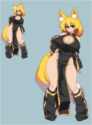 Rule 34 | 1girl, absurdly long hair, alice (flanaki), animal ear fluff, animal ears, bare shoulders, blonde hair, blue eyes, boots, breasts, china dress, chinese clothes, cleavage cutout, clothing cutout, commentary request, detached sleeves, dress, fox ears, fox girl, hand on own hip, large breasts, long hair, multicolored hair, multiple views, namako daibakuhatsu, no panties, original, pelvic curtain, pixel art, very long hair
