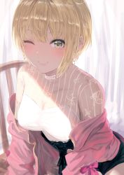Rule 34 | 1girl, ;d, blonde hair, blush, breasts, cleavage, collarbone, earrings, grin, highres, idolmaster, idolmaster cinderella girls, jacket, jacket partially removed, jewelry, looking at viewer, medium breasts, misaki nonaka, miyamoto frederica, necklace, one eye closed, open mouth, pearl necklace, pink jacket, see-through, see-through shirt, short hair, smile, solo, white curtains